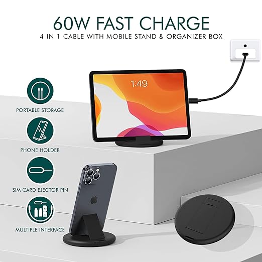 JIGSNJOY All In One USB Fast Charging Travel Cable Set Type C, Lightening,Micro USB Port, Mobile Stand(All in 1, Black)
