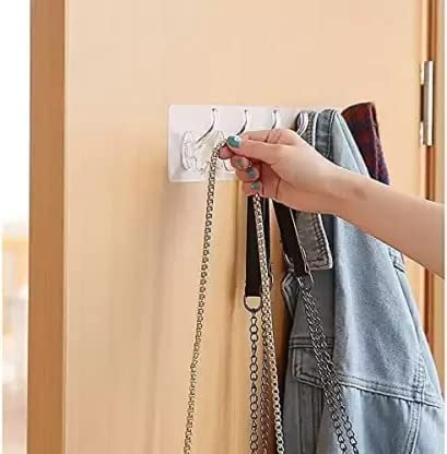 033 Wall Hanger Hooks for Hanging Clothes Strong Self Adhesive Magic Sticker Home Kitchen Office Bathroom Bedroom Door Organizers Accessories Items (TRANSPARENT-6-HOOK-HANGER)