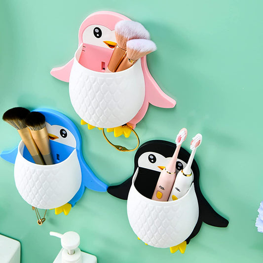 094 Penguin Design Holder for Toothpaste and Also Holder for Stationery Items Plastic Toothbrush Holder  (Multicolor, Wall Mount)