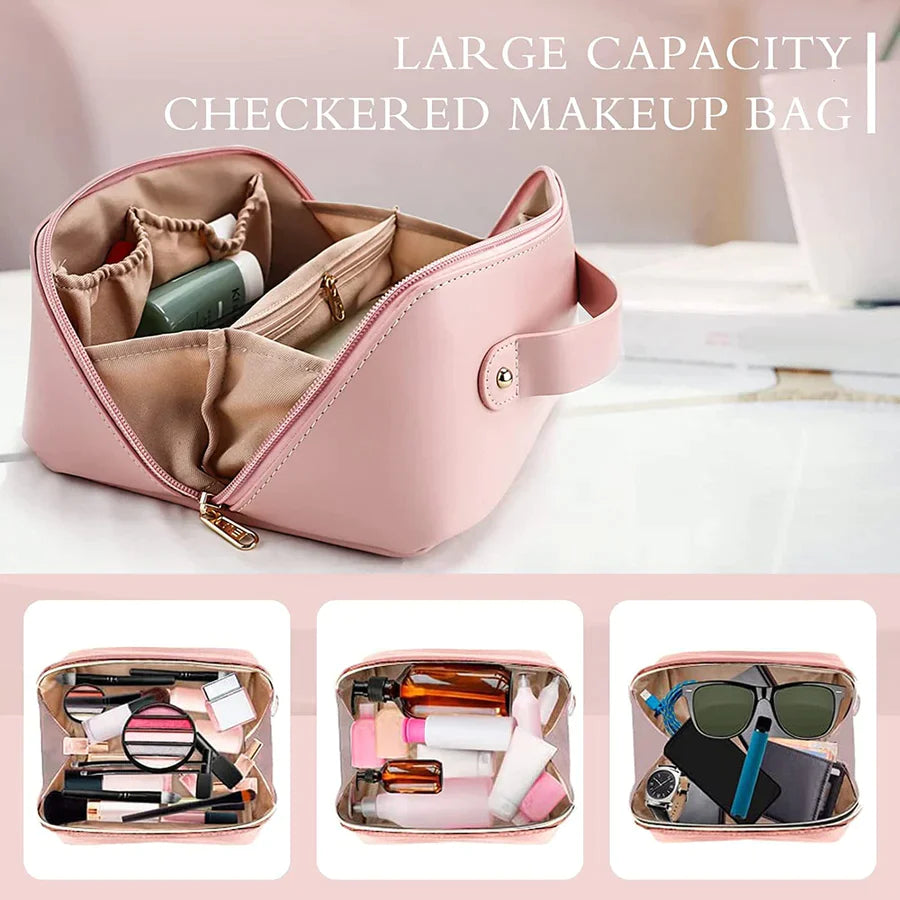 026 Cosmetic Travel Bag Large Capacity , Portable Leather Makeup Storage Bags with Handle and Divider, Wide Opening Cosmetic/Makeup Organizer