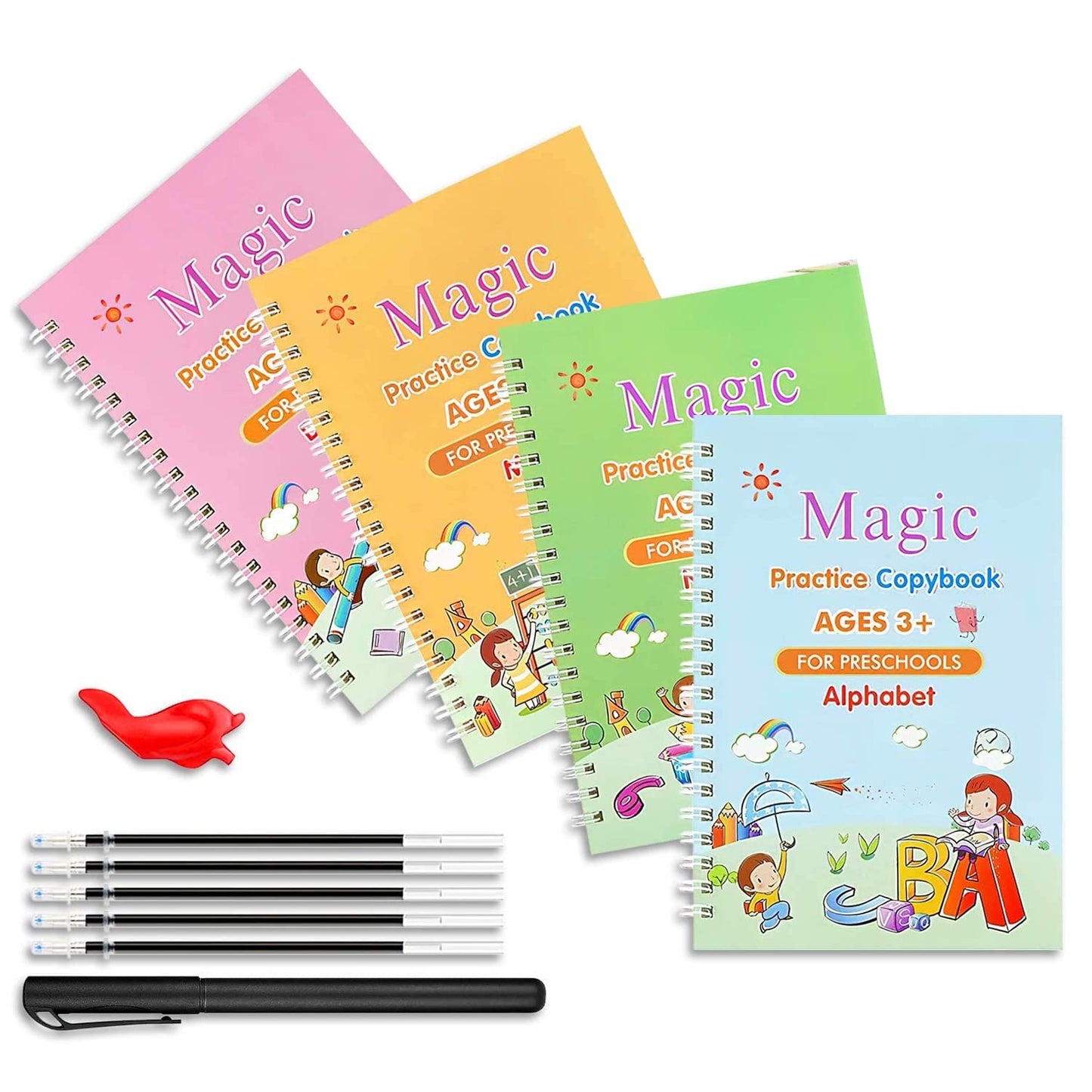 0103  Magic Practice Copybook for Kids, Handwriting Workbook, Reusable Writing Practice Book for Preschools- Alphabet Number Math Drawing Groove Copybook | 4 Books with Pens, Refills