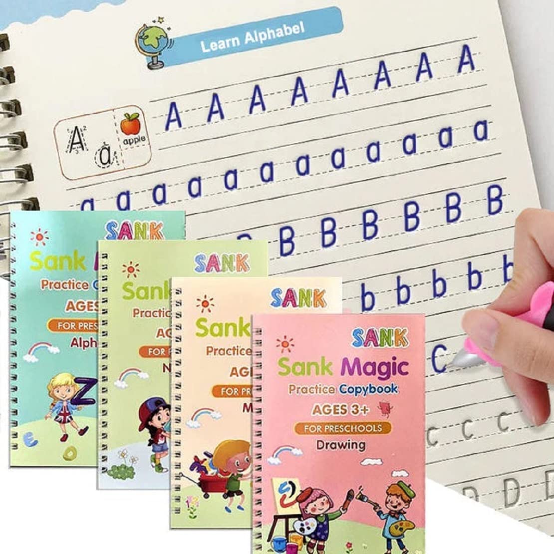 0103  Magic Practice Copybook for Kids, Handwriting Workbook, Reusable Writing Practice Book for Preschools- Alphabet Number Math Drawing Groove Copybook | 4 Books with Pens, Refills