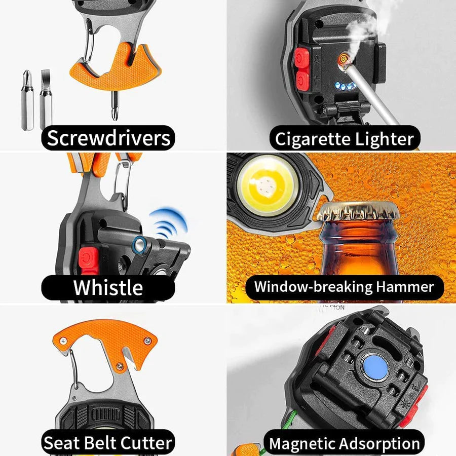 053 Multifunctional Keychain LED Rechargeable Flashlights with Lighter, Life-Saving Whistles, Screwdriver Bottle, Opener, Multiple Light Mode Portable Pocket Light for Outoor Hiking
