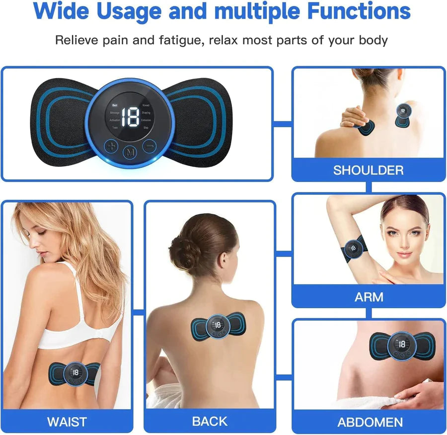 029 Full Body Mini Butterfly TENS Massager with 8 Modes, 19 Levels Electric Rechargeable Portable EMS Patch for Shoulder, Neck, Arms, Legs, Men/Women