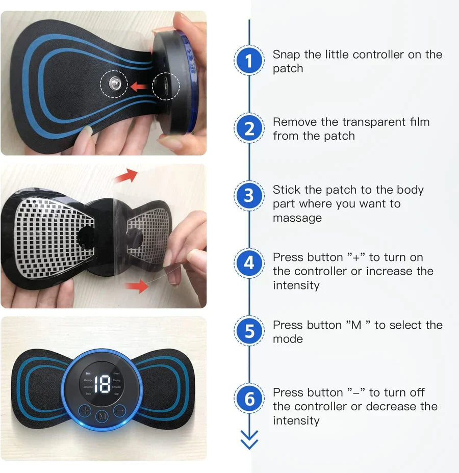 029 Full Body Mini Butterfly TENS Massager with 8 Modes, 19 Levels Electric Rechargeable Portable EMS Patch for Shoulder, Neck, Arms, Legs, Men/Women