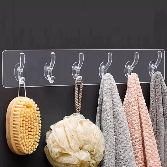 033 Wall Hanger Hooks for Hanging Clothes Strong Self Adhesive Magic Sticker Home Kitchen Office Bathroom Bedroom Door Organizers Accessories Items (TRANSPARENT-6-HOOK-HANGER)